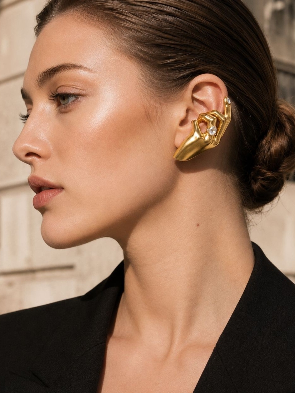 Gold Hand Sculptural Ear Cuff with Crystal - Picture 4 of 6